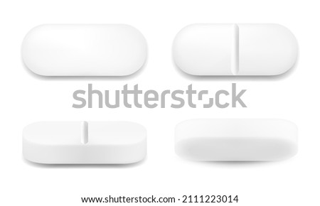 Realistic oval pills isolated on white background. Can be used for medical and cosmetic. 3d vector illustration, Isolated on white background. Royalty-Free Stock Photo #2111223014