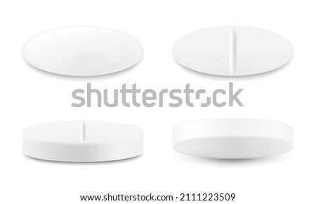 Realistic oval pills isolated on white background. Can be used for medical and cosmetic. 3d vector illustration, Isolated on white background. Royalty-Free Stock Photo #2111223509