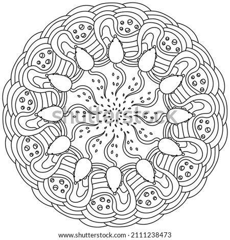 Funny mandala with mice looking for cheese, activity coloring page vector illustration