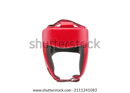 red leather boxing helmet close-up. is isolated on a white background. head protection. sports equipment Royalty-Free Stock Photo #2111241083