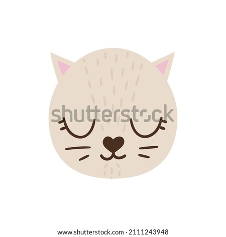 Cute hand drawn cat.
Coored animal's face with nice elements, whiskers, eyes. Vectir illustration isolated on white
