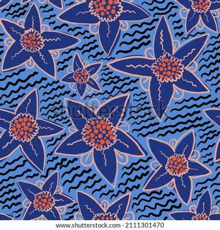 Colorful seamless pattern. Bright illustration in doodle style. Flowers and leaves. Blue, cyan, orange, powder, white and black. Colorful design for printing, printing on clothes.