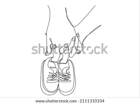 
continuous line mother and daughter hands holding baby shoes