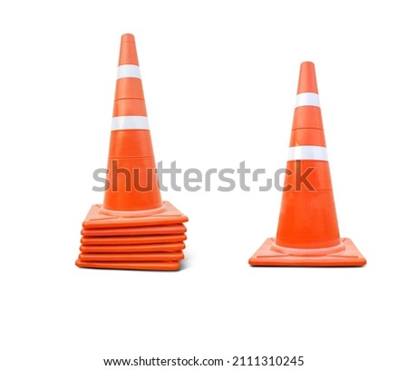 Pylon sign Orange and White reflective traffic cone isolated on white background.concept for hazards and safety