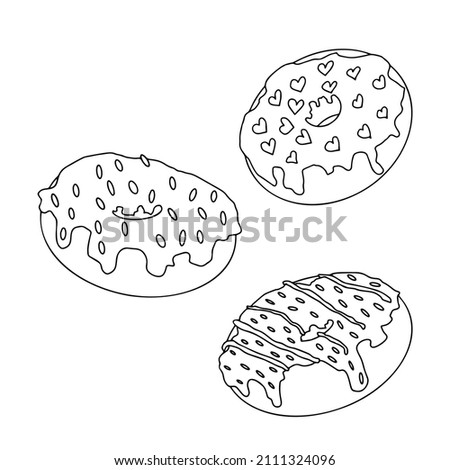 A set of doughnuts in doodle style. A hand-drawn donut, outline. Vector illustration isolated on a white background. A sketch of delicious sweets.