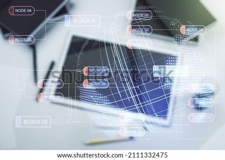Multi exposure of abstract graphic coding sketch with world map and modern digital tablet on desktop on background, top view, big data and networking concept