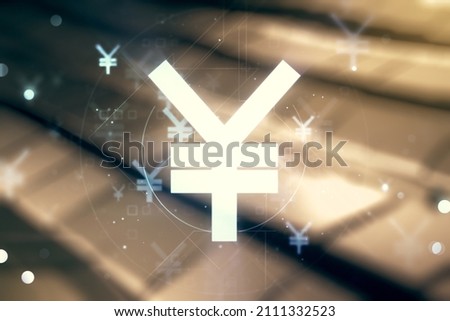 Abstract virtual Japanese Yen symbol sketch on shiny metal background, strategy and forecast concept. Multiexposure