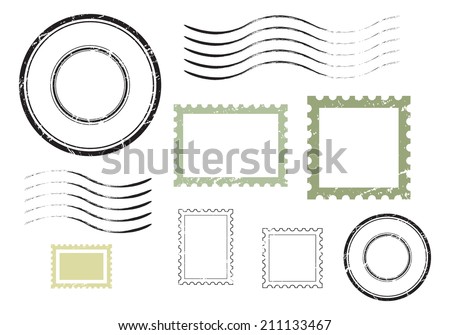 Set of postal stamps and postmarks, isolated on white background, vector illustration. Royalty-Free Stock Photo #211133467