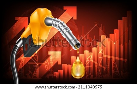 Oil price rising concept Gasoline yellow fuel pump nozzle isolated with drop oil on red growth bar chart background, vector illustration Royalty-Free Stock Photo #2111340575