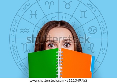 Pensive young woman on the background of the zodiac circle, astrology. Blue background. Predictions, divination
