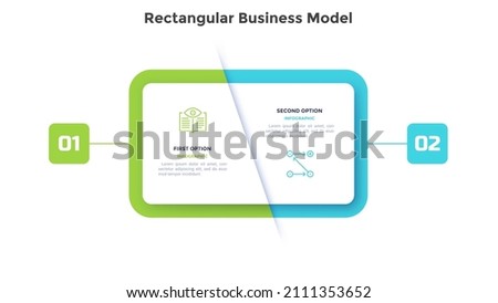 Rectangular comparison diagram divided into 2 parts. Concept of business model with two options to choose or select. Modern flat infographic vector illustration for data visualization, presentation. Royalty-Free Stock Photo #2111353652