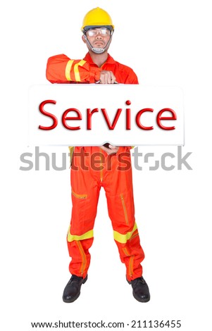 technician in uniform holding toolbox and word service on white banner against white background isolated on white background