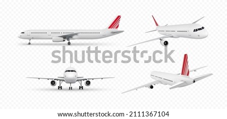 Realistic aircraft. Passenger airplane in different views. 3d detailed passenger air plane isolated on transparent background. Vector illustration Royalty-Free Stock Photo #2111367104