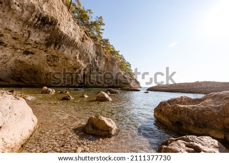 beautiful blue lagoon with big rocks