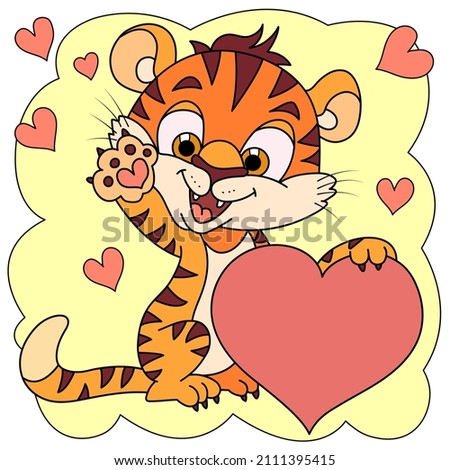 Vector cute little tiger cub, isolated on white background. Enamored, holding heart. Symbol of 2022 New Year. Valentine’s Day concept