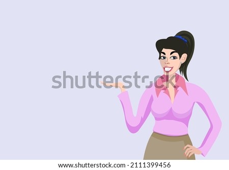 Attractive smiling businesswoman in pink confident polo and proper skirt, showing pointing something, or blank copy space for text. Business studio or poster advertising concept.