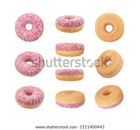 Top, side and back views of ring donut decorated with pink cream and sprinkles confectionery Royalty-Free Stock Photo #2111400443