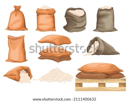 Cartoon rice bags. Full brown sack rised grain or oat, agriculture sacks of uncooked meal food, harvest wheat, linen cloth material bag with asian seeds, vector illustration. Sack bag with full grain Royalty-Free Stock Photo #2111400632