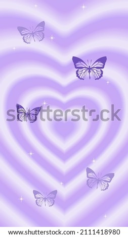 Vector illustration of hearts. Abstract background with repeating gradient hearts and butterflies. Design template. Hypnotic pattern. Nostalgia for the year 2000, Y2k style