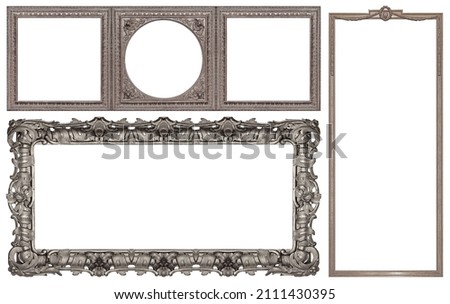 Set of silver frames for paintings, mirrors or photo isolated on white background