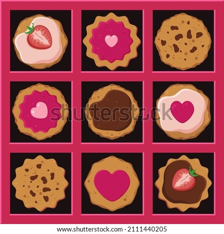 a Set of Vector Designs of Cookies with fillings, pink jelly, oatmeal cookies with chocolate, yogurt cream and chocolate paste decorated with hearts and strawberries, in a bright pink package