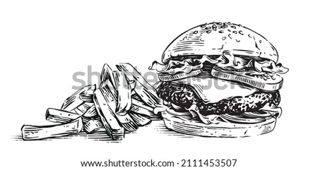 burger and french fries hand drawing sketch engraving illustration style Royalty-Free Stock Photo #2111453507