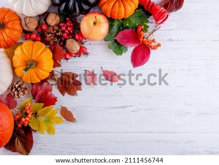 autumn wooden background with leaves, pumpkins Space for text