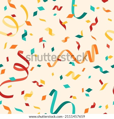 Colorful falling confetti on beige background, seamless carnival pattern. Vector illustration. Carnaval print ornament, yellow, red blue streamers Royalty-Free Stock Photo #2111457659