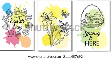 Easter banner, colorful green-yellow. Daffodils, Easter chicken, Easter eggs. Hand drawn doodle vectors.