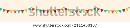 Color retro buntings garlands isolated on white background. Vector illustration. Seamless happy birthday banner, fiesta border, carnival holiday header Royalty-Free Stock Photo #2111458187