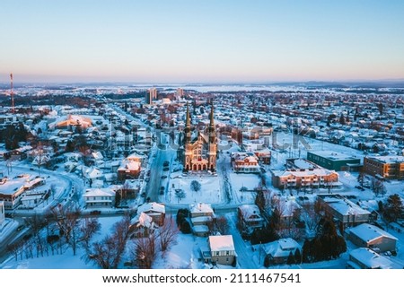 Aerial view in the borough of Jonquiere during an ice cold winter sunset.