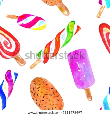 Ice cream watercolor seamless pattern on white background, wrapping paper, textile, wallpaper 
