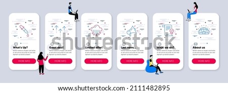 Vector Set of Business icons related to Megaphone, Cloud storage and Chemistry pipette icons. UI phone app screens with teamwork. Swipe up, Approved agreement and Sports stadium line symbols. Vector