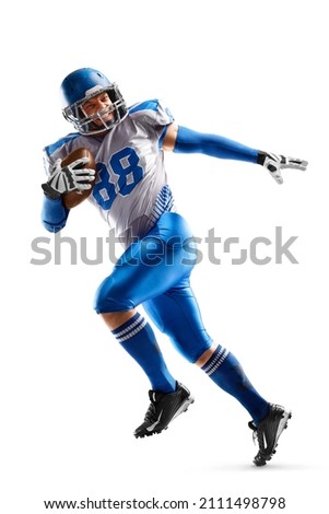 American football sportsman in action and motion. Sport. Running athlete. Isolated on white background Royalty-Free Stock Photo #2111498798