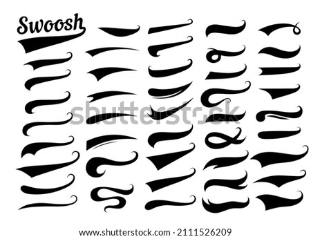 Swooshes text tails for baseball design. Sports swash underline shapes set in retro style. Swish typography font elements for athletics, baseball, football decoration. Black swirl vector line. Royalty-Free Stock Photo #2111526209