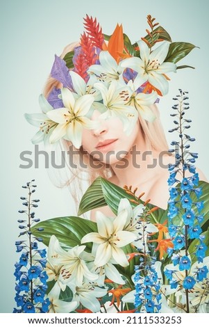 Abstract contemporary art collage portrait of young woman with flowers Royalty-Free Stock Photo #2111533253