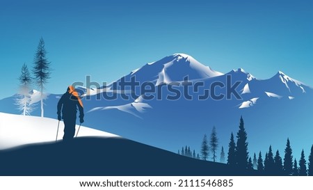 Scenery vector illustration of a skier is walking on the snow slope with a beautiful mountain in the background