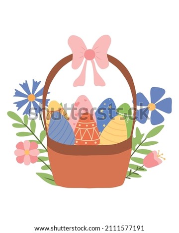 Illustration of a basket with a bow and easter eggs. Vector illustration. Cute illustration of a basket with decorated eggs.