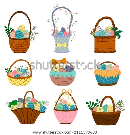 A set of Easter baskets with eggs, vector isolated on a white background.