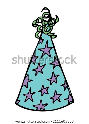Hand drawn colorful party hat illustration isolated on a white background. Birthday cap doodle. Holiday clip art.