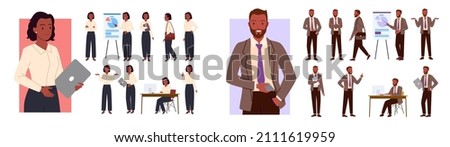man employee with beard holding phone and laptop, walking isolated on white, Businesswoman poses set, girl manager. Cartoon office worker character showing business presentation on lecture Royalty-Free Stock Photo #2111619959