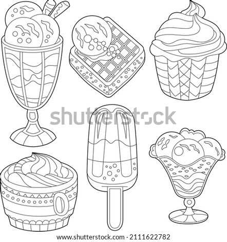 Different sorts of ice cream. Monochrome deserts isolated on white background. Coloring book style for children and adults