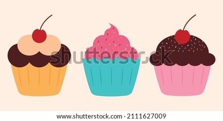 Cute strawberry and chocolate cupcake with a cute cherry flat vector design cartoon for clip art and logo