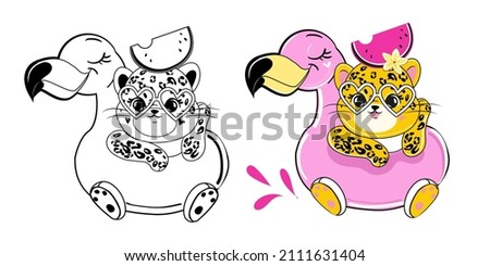 summer baby leopard and flamingo coloring book for kids. Vector cartoon illustration. Color and black line