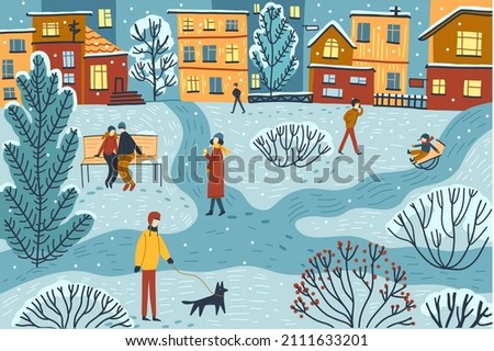 winter street with houses and people