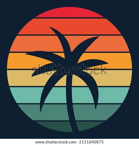 Vintage retro sunset striped circle with tropical palms silhoettes. 