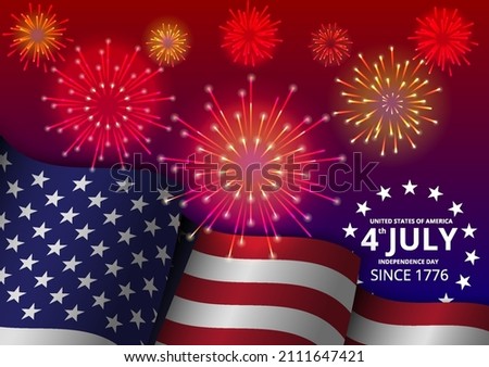 Waving USA flag on transparent background with fireworks shining. Independence day graphic vector illustration.
