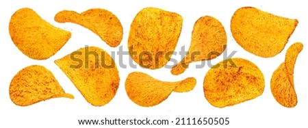Spicy potato chips isolated on white background  Royalty-Free Stock Photo #2111650505