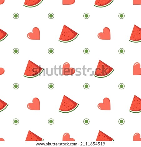 Cute seamless pattern with watermelon, circles and hearts. Festive bright print, valentine day or summer decoration for wrapping paper, textile and design. Vector flat illustration