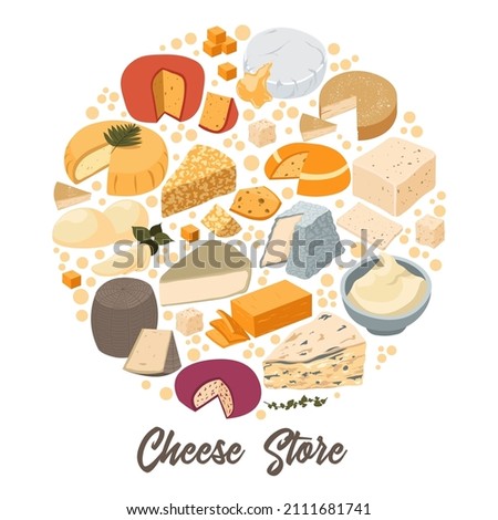 Variety of cheese types and assortment in store or shop, isolated advertising banner with kinds. Gouda and Maasdam, parmesan and camembert, delicatessen from different countries. Vector in flat Royalty-Free Stock Photo #2111681741
